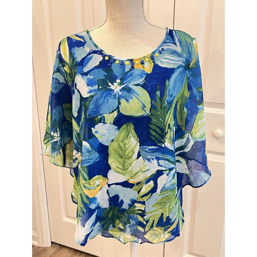 Alfred Dunner Size 10 Multicolored Flower Chiffon Beaded Poncho Layered
